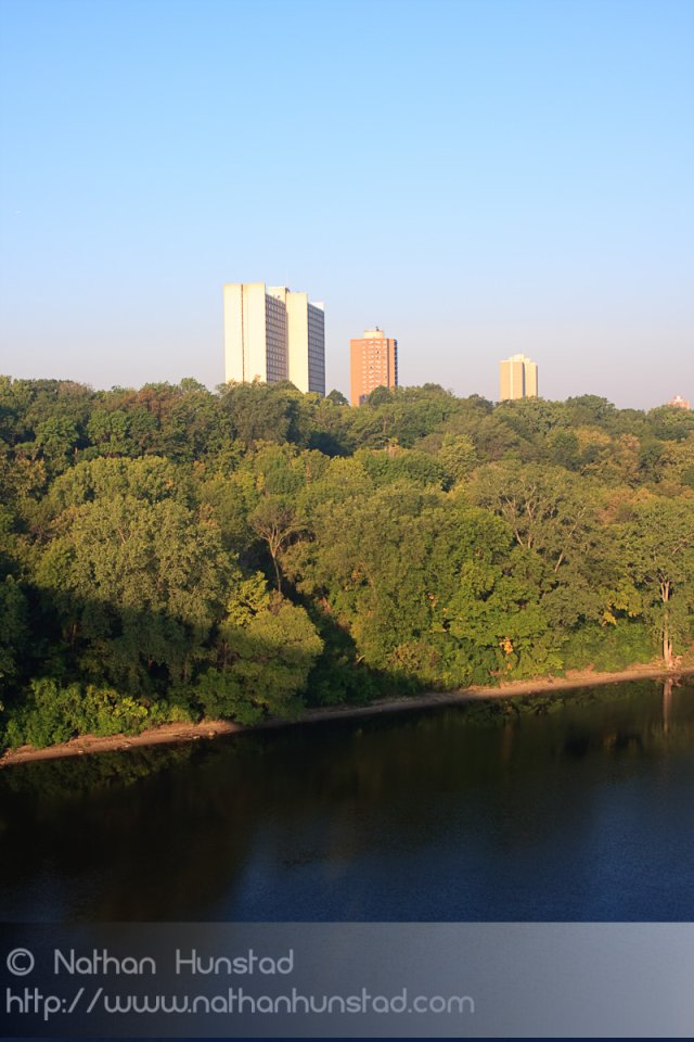 Several buildings in Minneapolis across the Mississippi River.